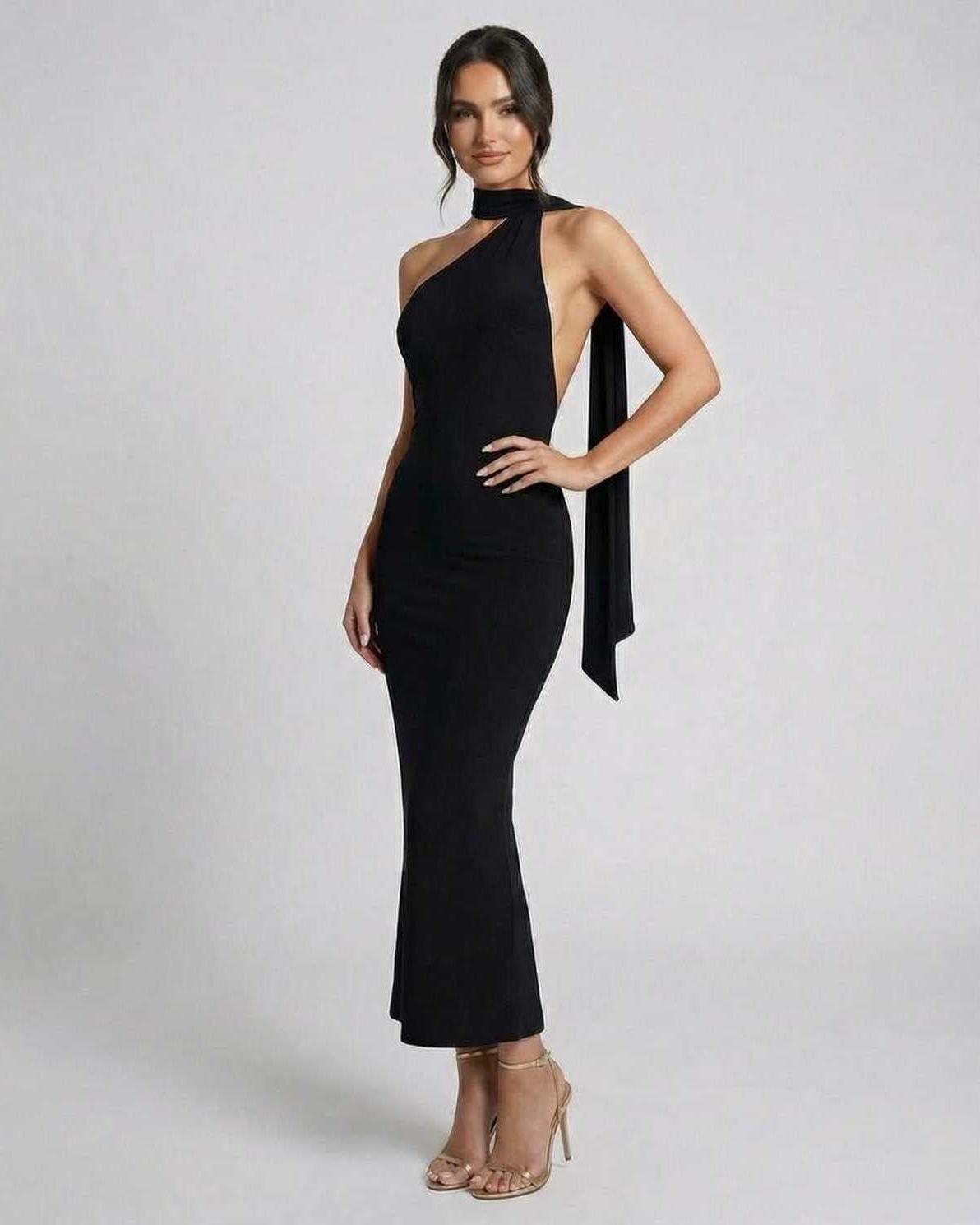 Rora Maxi Dress by RAMBLION, black ankle-length satin dress, halter neckline, perfect for elegant occasions.