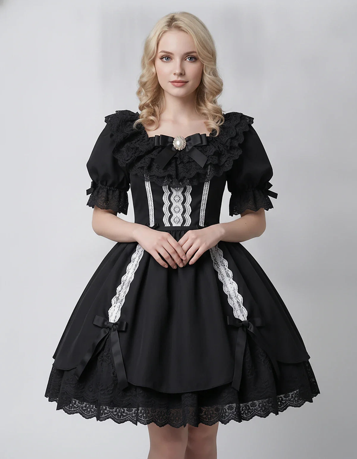 Satin Blend Puff Sleeve Square Neck A-Line Mini Dress for Party, Cocktail, Evening, Summer, Wedding Guest Events with Lace Tr | SKU: RMD-483920174615382-BLACK-L,RMD-483920174615382-BLACK-M,RMD-483920174615382-BLACK-S,RMD-483920174615382-BLACK-XL,RMD-483920174615382-BLACK-XS