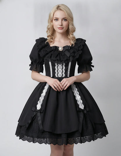 Satin Blend Puff Sleeve Square Neck A-Line Mini Dress for Party, Cocktail, Evening, Summer, Wedding Guest Events with Lace Tr | SKU: RMD-483920174615382-BLACK-L,RMD-483920174615382-BLACK-M,RMD-483920174615382-BLACK-S,RMD-483920174615382-BLACK-XL,RMD-483920174615382-BLACK-XS