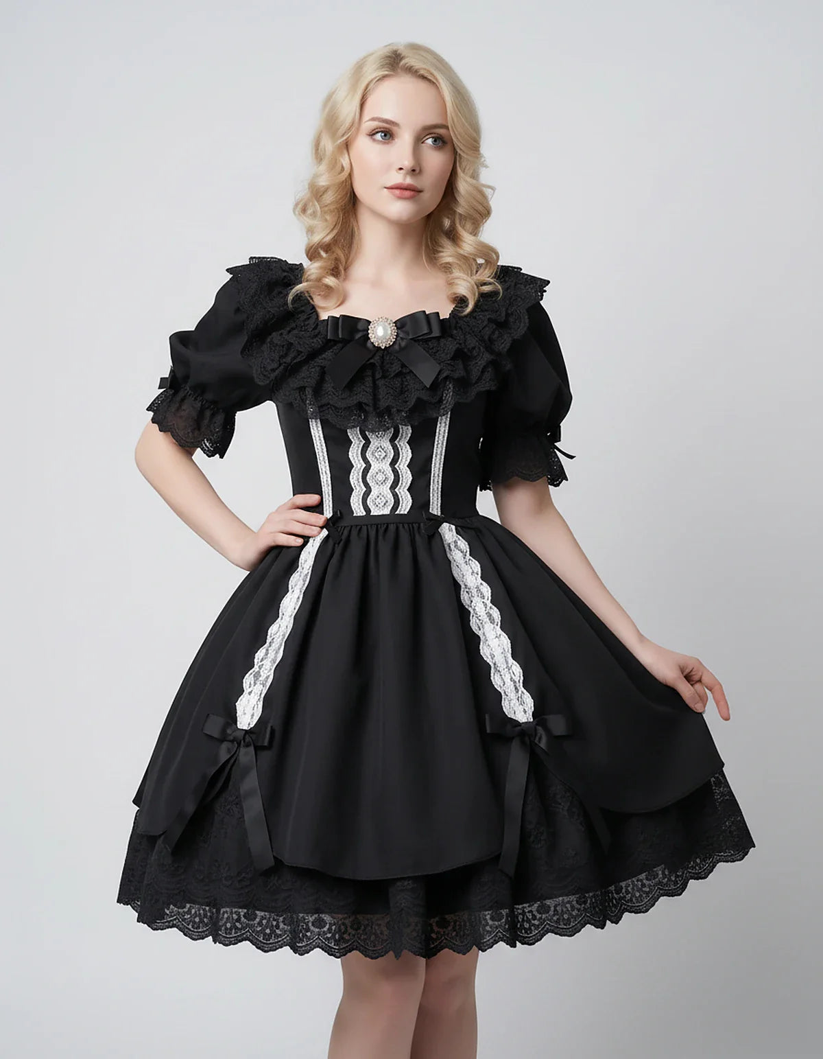 Satin Blend Puff Sleeve Square Neck A-Line Mini Dress for Party, Cocktail, Evening, Summer, Wedding Guest Events with Lace Tr | SKU: RMD-483920174615382-BLACK-L,RMD-483920174615382-BLACK-M,RMD-483920174615382-BLACK-S,RMD-483920174615382-BLACK-XL,RMD-483920174615382-BLACK-XS