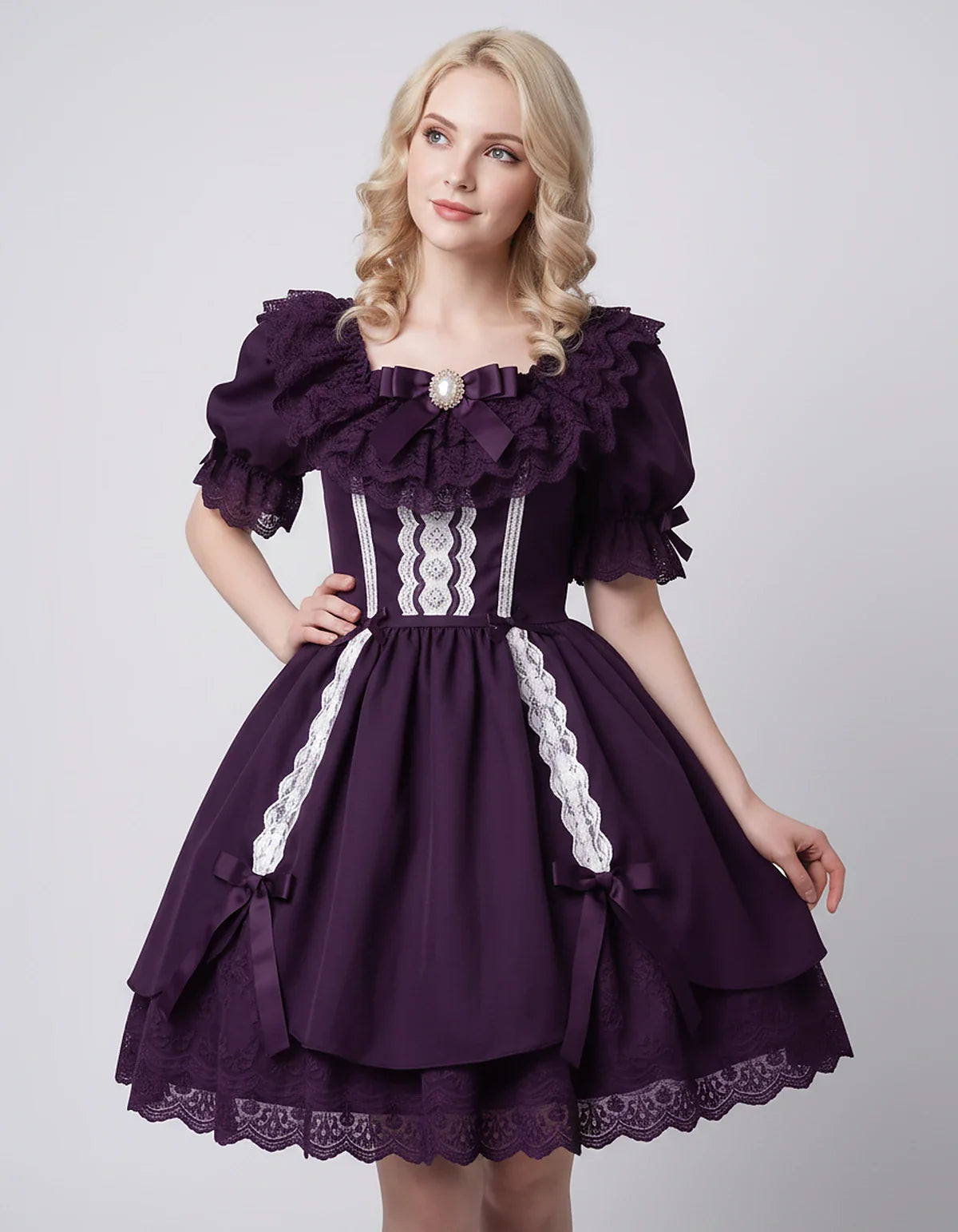 Satin Blend Puff Sleeve Square Neck A-Line Mini Dress for Party, Cocktail, Evening, Summer, Wedding Guest Events with Lace Tr | SKU: RMD-483920174615382-PLUM-L,RMD-483920174615382-PLUM-M,RMD-483920174615382-PLUM-S,RMD-483920174615382-PLUM-XL,RMD-483920174615382-PLUM-XS