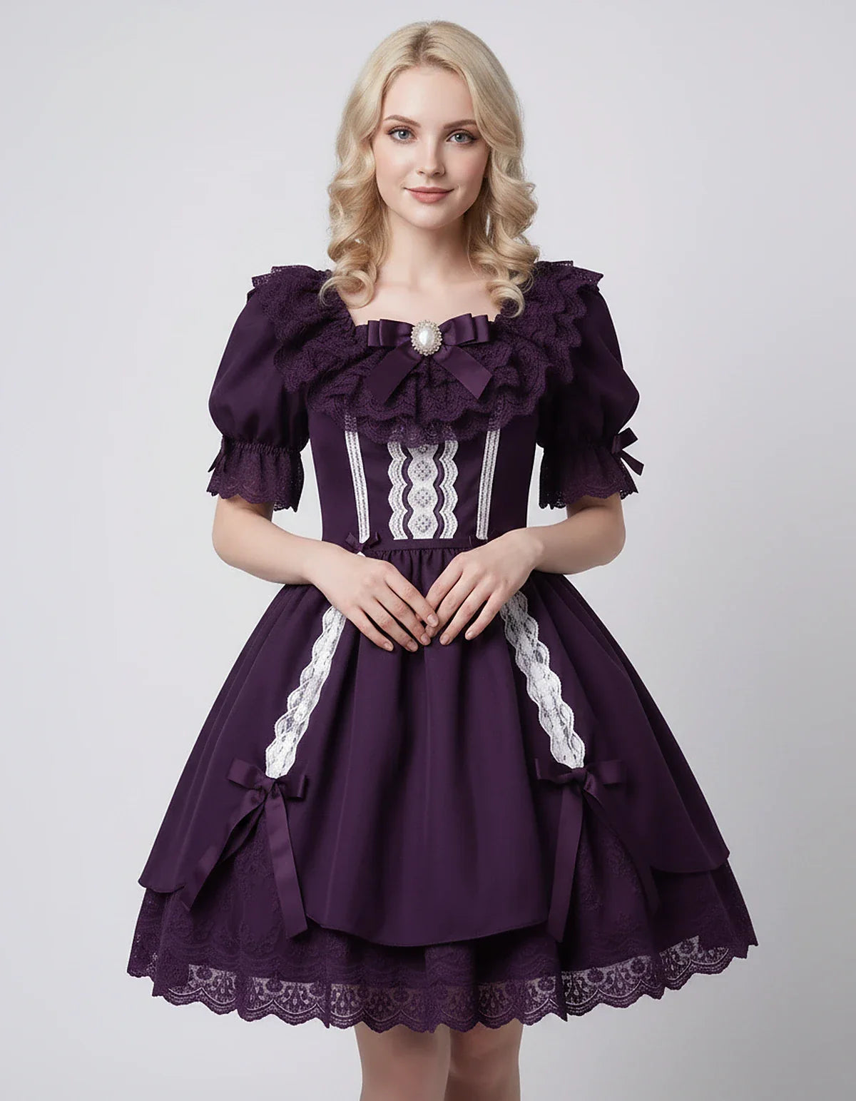 Satin Blend Puff Sleeve Square Neck A-Line Mini Dress for Party, Cocktail, Evening, Summer, Wedding Guest Events with Lace Tr | SKU: RMD-483920174615382-PLUM-L,RMD-483920174615382-PLUM-M,RMD-483920174615382-PLUM-S,RMD-483920174615382-PLUM-XL,RMD-483920174615382-PLUM-XS