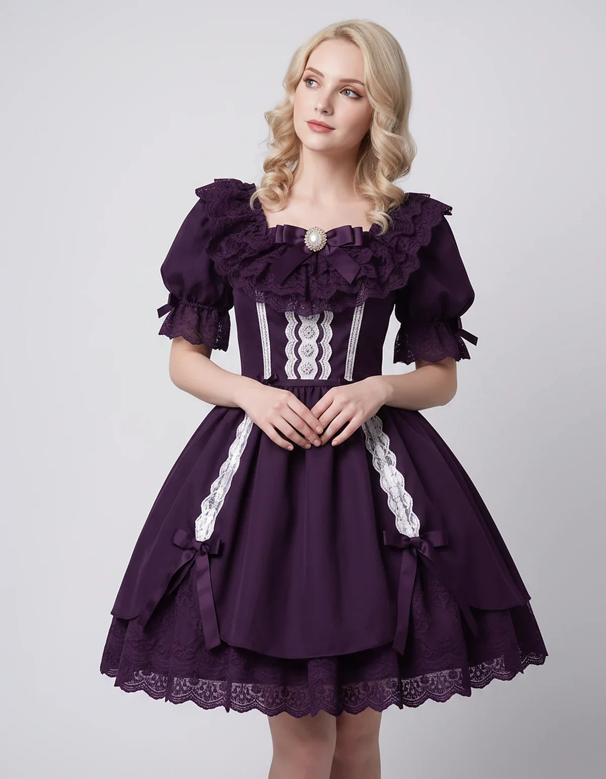Satin Blend Puff Sleeve Square Neck A-Line Mini Dress for Party, Cocktail, Evening, Summer, Wedding Guest Events with Lace Tr | SKU: RMD-483920174615382-PLUM-L,RMD-483920174615382-PLUM-M,RMD-483920174615382-PLUM-S,RMD-483920174615382-PLUM-XL,RMD-483920174615382-PLUM-XS