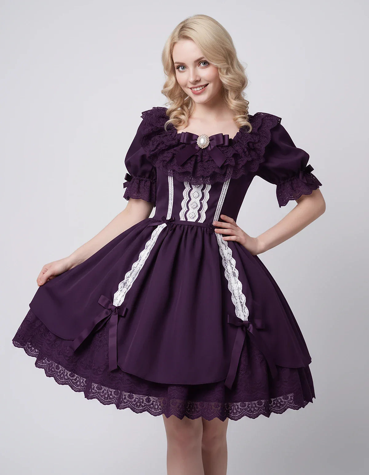 Satin Blend Puff Sleeve Square Neck A-Line Mini Dress for Party, Cocktail, Evening, Summer, Wedding Guest Events with Lace Tr | SKU: RMD-483920174615382-PLUM-L,RMD-483920174615382-PLUM-M,RMD-483920174615382-PLUM-S,RMD-483920174615382-PLUM-XL,RMD-483920174615382-PLUM-XS