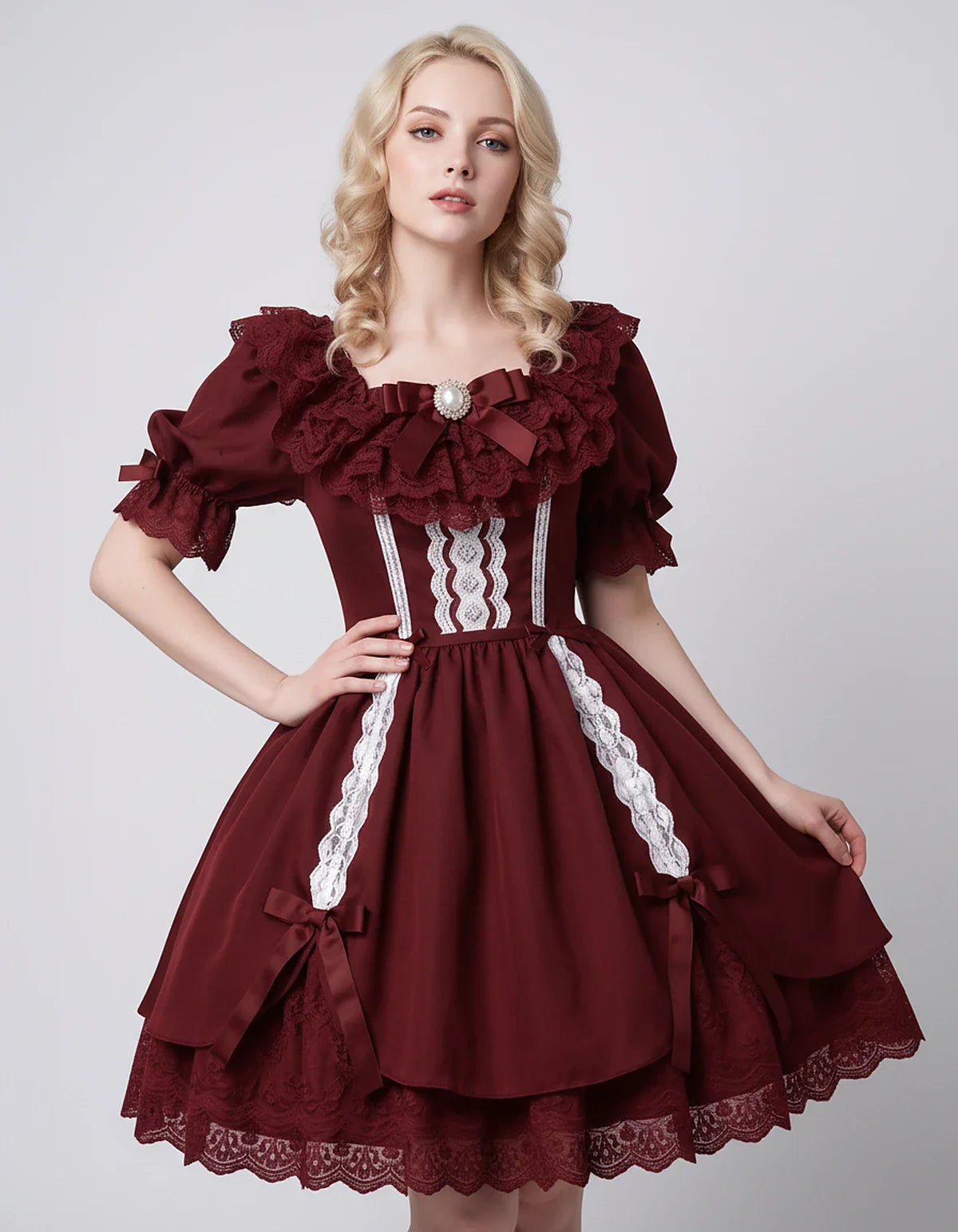 Satin Blend Puff Sleeve Square Neck A-Line Mini Dress for Party, Cocktail, Evening, Summer, Wedding Guest Events with Lace Tr | SKU: RMD-483920174615382-BURGUNDY-L,RMD-483920174615382-BURGUNDY-M,RMD-483920174615382-BURGUNDY-S,RMD-483920174615382-BURGUNDY-XL,RMD-483920174615382-BURGUNDY-XS