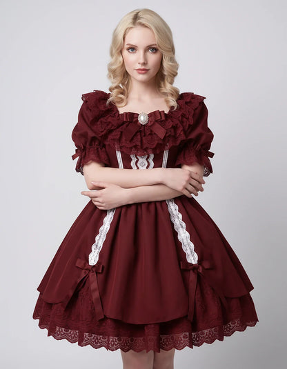 Satin Blend Puff Sleeve Square Neck A-Line Mini Dress for Party, Cocktail, Evening, Summer, Wedding Guest Events with Lace Tr | SKU: RMD-483920174615382-BURGUNDY-L,RMD-483920174615382-BURGUNDY-M,RMD-483920174615382-BURGUNDY-S,RMD-483920174615382-BURGUNDY-XL,RMD-483920174615382-BURGUNDY-XS