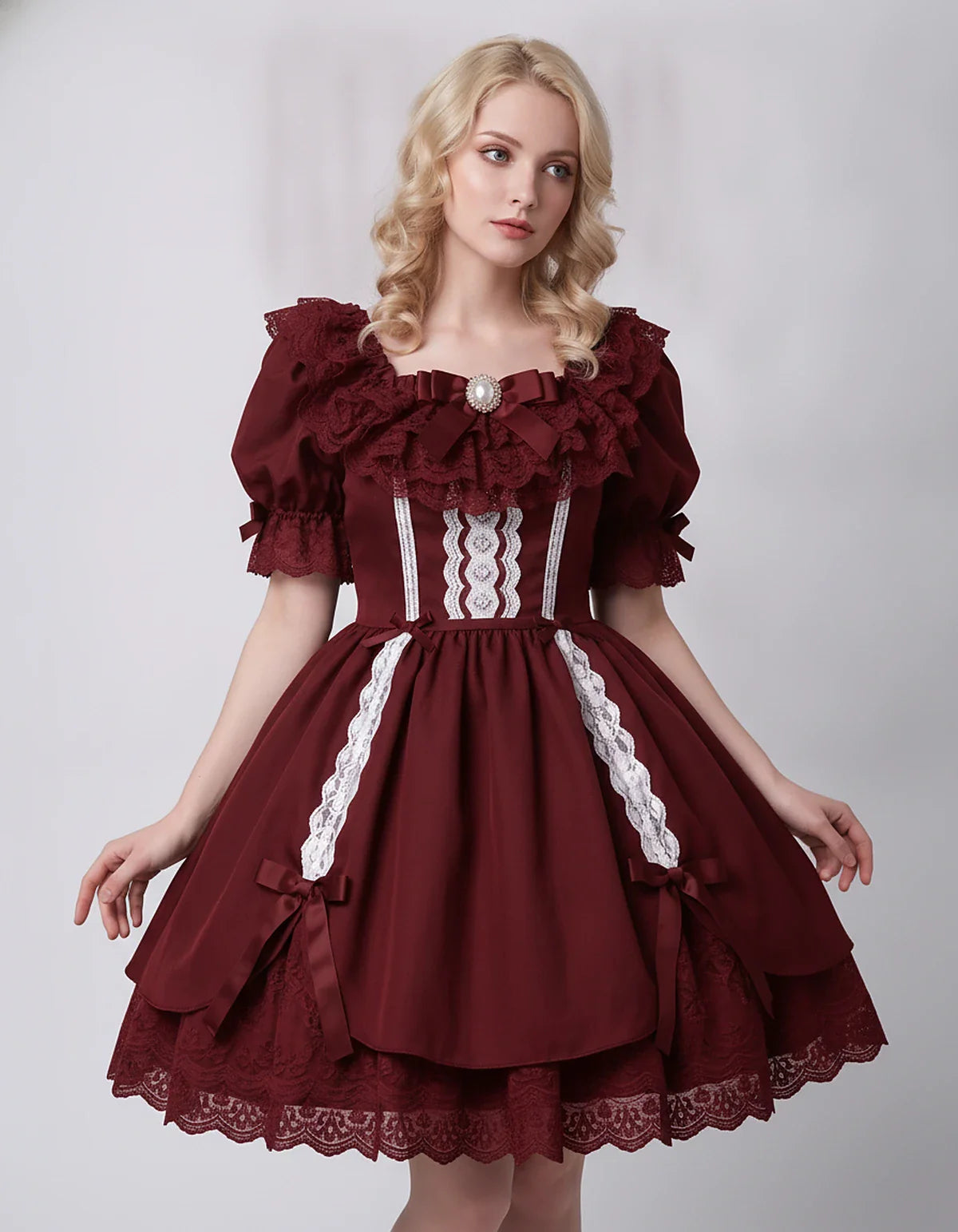 Satin Blend Puff Sleeve Square Neck A-Line Mini Dress for Party, Cocktail, Evening, Summer, Wedding Guest Events with Lace Tr | SKU: RMD-483920174615382-BURGUNDY-L,RMD-483920174615382-BURGUNDY-M,RMD-483920174615382-BURGUNDY-S,RMD-483920174615382-BURGUNDY-XL,RMD-483920174615382-BURGUNDY-XS