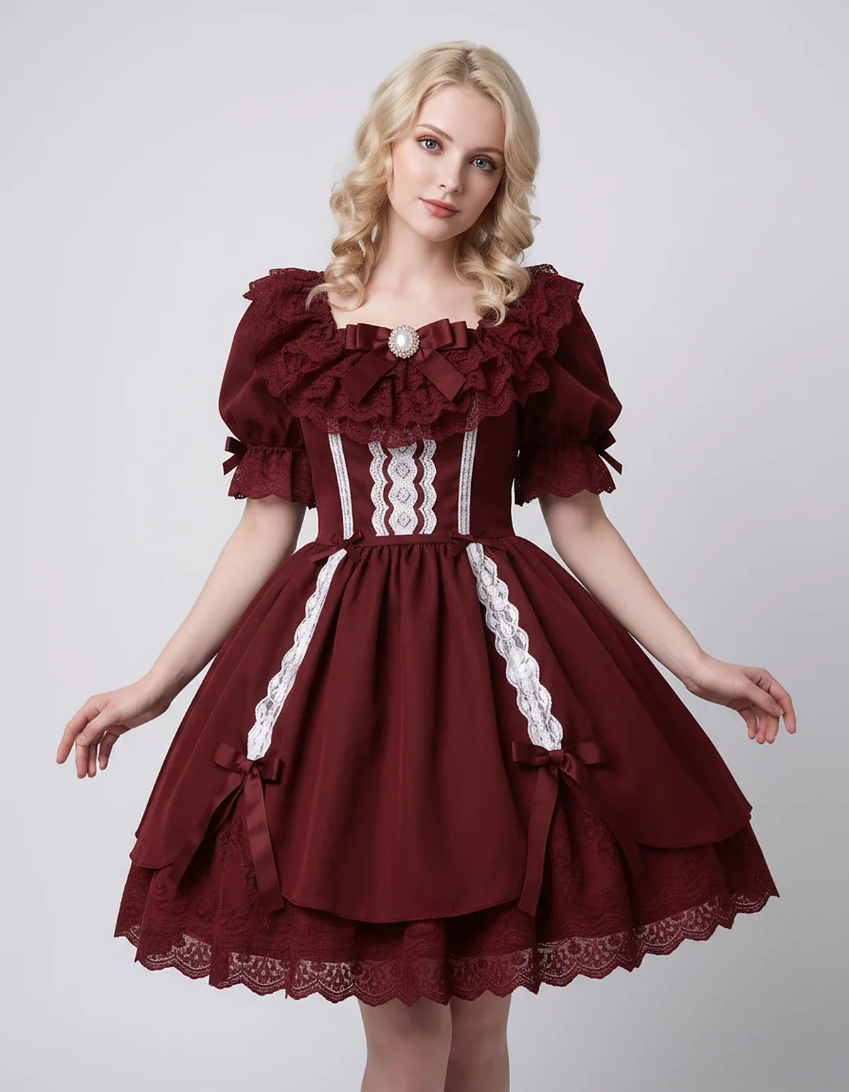 Satin Blend Puff Sleeve Square Neck A-Line Mini Dress for Party, Cocktail, Evening, Summer, Wedding Guest Events with Lace Tr | SKU: RMD-483920174615382-BURGUNDY-L,RMD-483920174615382-BURGUNDY-M,RMD-483920174615382-BURGUNDY-S,RMD-483920174615382-BURGUNDY-XL,RMD-483920174615382-BURGUNDY-XS