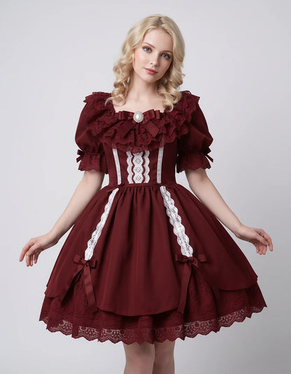 Satin Blend Puff Sleeve Square Neck A-Line Mini Dress for Party, Cocktail, Evening, Summer, Wedding Guest Events with Lace Tr | SKU: RMD-483920174615382-BURGUNDY-L,RMD-483920174615382-BURGUNDY-M,RMD-483920174615382-BURGUNDY-S,RMD-483920174615382-BURGUNDY-XL,RMD-483920174615382-BURGUNDY-XS