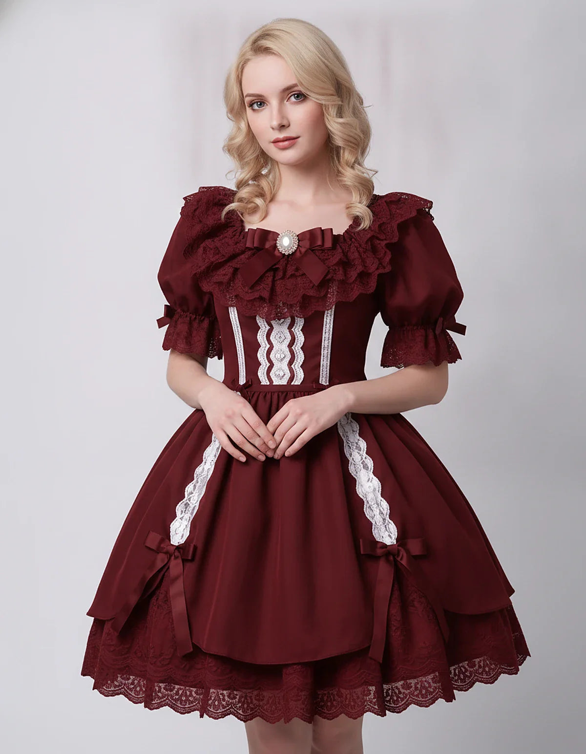 Satin Blend Puff Sleeve Square Neck A-Line Mini Dress for Party, Cocktail, Evening, Summer, Wedding Guest Events with Lace Tr | SKU: RMD-483920174615382-BURGUNDY-L,RMD-483920174615382-BURGUNDY-M,RMD-483920174615382-BURGUNDY-S,RMD-483920174615382-BURGUNDY-XL,RMD-483920174615382-BURGUNDY-XS