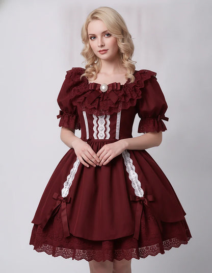 Satin Blend Puff Sleeve Square Neck A-Line Mini Dress for Party, Cocktail, Evening, Summer, Wedding Guest Events with Lace Tr | SKU: RMD-483920174615382-BURGUNDY-L,RMD-483920174615382-BURGUNDY-M,RMD-483920174615382-BURGUNDY-S,RMD-483920174615382-BURGUNDY-XL,RMD-483920174615382-BURGUNDY-XS