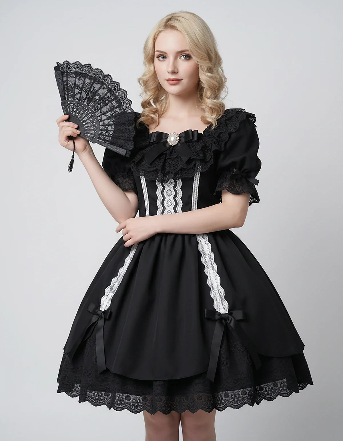 Satin Blend Puff Sleeve Square Neck A-Line Mini Dress for Party, Cocktail, Evening, Summer, Wedding Guest Events with Lace Tr | SKU: RMD-483920174615382-BLACK-L,RMD-483920174615382-BLACK-M,RMD-483920174615382-BLACK-S,RMD-483920174615382-BLACK-XL,RMD-483920174615382-BLACK-XS