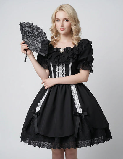 Satin Blend Puff Sleeve Square Neck A-Line Mini Dress for Party, Cocktail, Evening, Summer, Wedding Guest Events with Lace Tr | SKU: RMD-483920174615382-BLACK-L,RMD-483920174615382-BLACK-M,RMD-483920174615382-BLACK-S,RMD-483920174615382-BLACK-XL,RMD-483920174615382-BLACK-XS