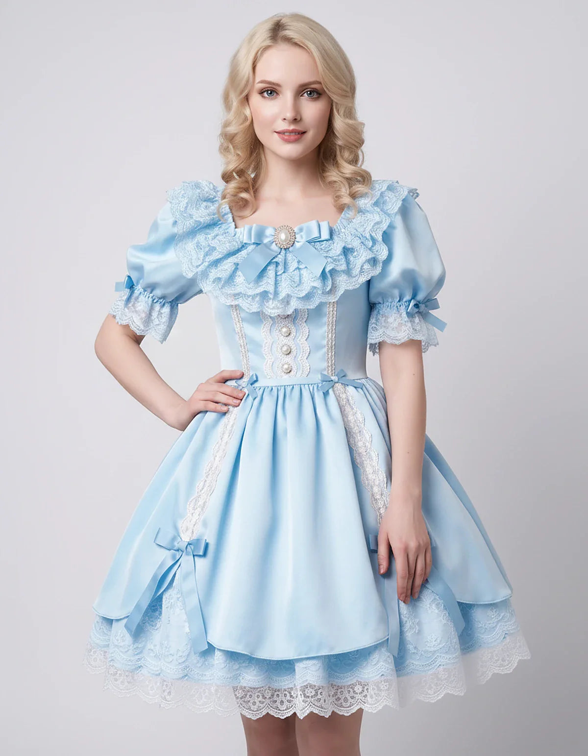 Satin Blend Puff Sleeve Square Neck A-Line Mini Dress for Party, Cocktail, Evening, Summer, Wedding Guest Events with Lace Tr | SKU: RMD-483920174615382-LIGHTBLUE-L,RMD-483920174615382-LIGHTBLUE-M,RMD-483920174615382-LIGHTBLUE-S,RMD-483920174615382-LIGHTBLUE-XL,RMD-483920174615382-LIGHTBLUE-XS