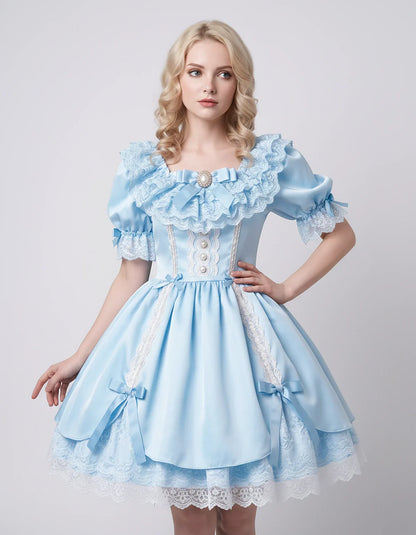 Satin Blend Puff Sleeve Square Neck A-Line Mini Dress for Party, Cocktail, Evening, Summer, Wedding Guest Events with Lace Tr | SKU: RMD-483920174615382-LIGHTBLUE-L,RMD-483920174615382-LIGHTBLUE-M,RMD-483920174615382-LIGHTBLUE-S,RMD-483920174615382-LIGHTBLUE-XL,RMD-483920174615382-LIGHTBLUE-XS