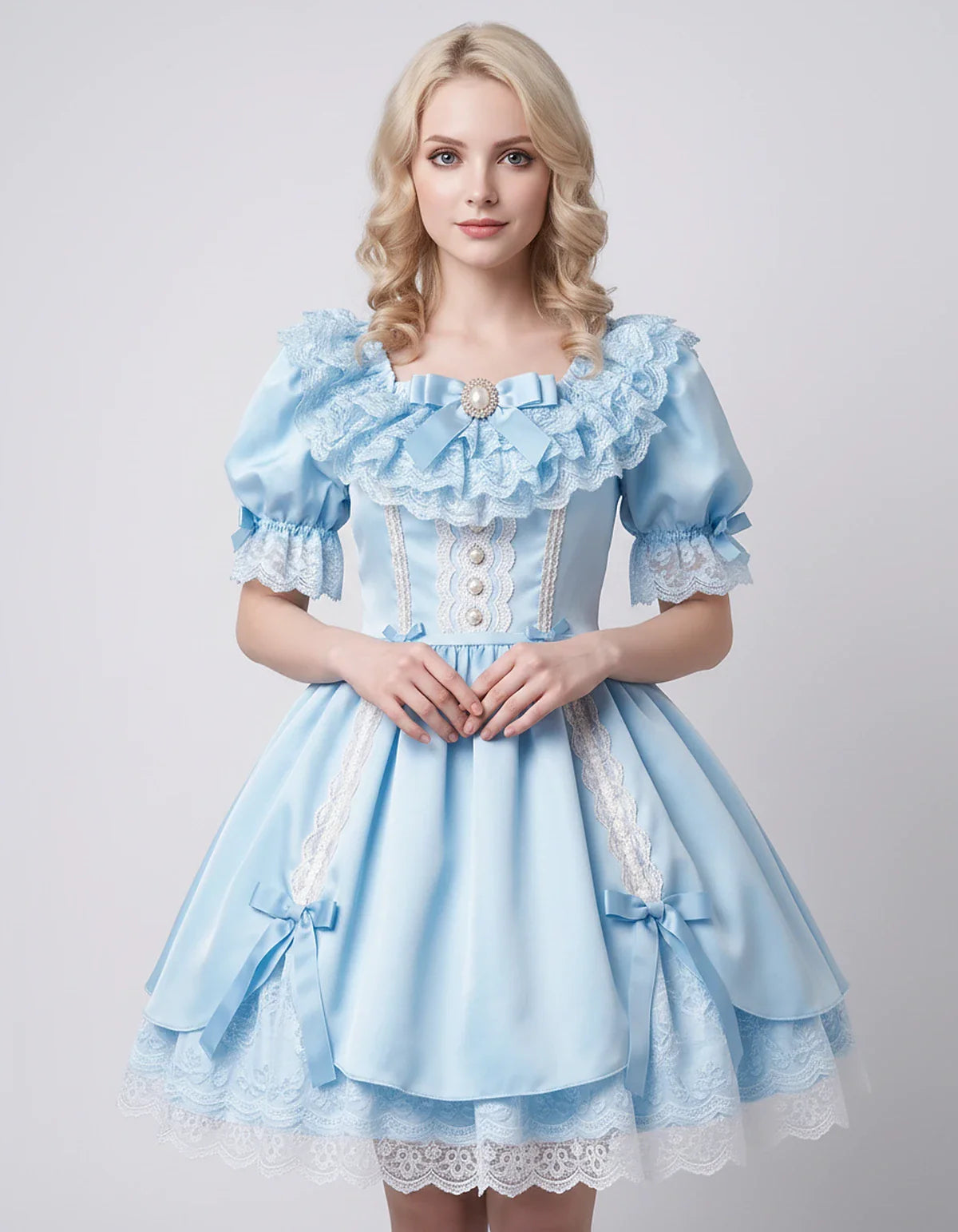 Satin Blend Puff Sleeve Square Neck A-Line Mini Dress for Party, Cocktail, Evening, Summer, Wedding Guest Events with Lace Tr | SKU: RMD-483920174615382-LIGHTBLUE-L,RMD-483920174615382-LIGHTBLUE-M,RMD-483920174615382-LIGHTBLUE-S,RMD-483920174615382-LIGHTBLUE-XL,RMD-483920174615382-LIGHTBLUE-XS