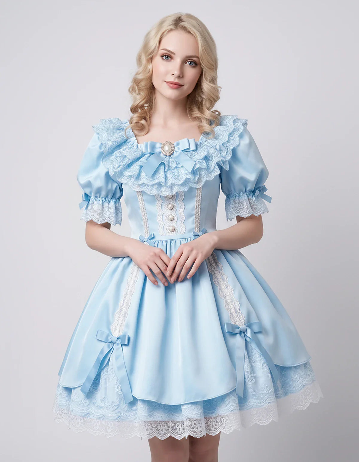 Satin Blend Puff Sleeve Square Neck A-Line Mini Dress for Party, Cocktail, Evening, Summer, Wedding Guest Events with Lace Tr | SKU: RMD-483920174615382-LIGHTBLUE-L,RMD-483920174615382-LIGHTBLUE-M,RMD-483920174615382-LIGHTBLUE-S,RMD-483920174615382-LIGHTBLUE-XL,RMD-483920174615382-LIGHTBLUE-XS