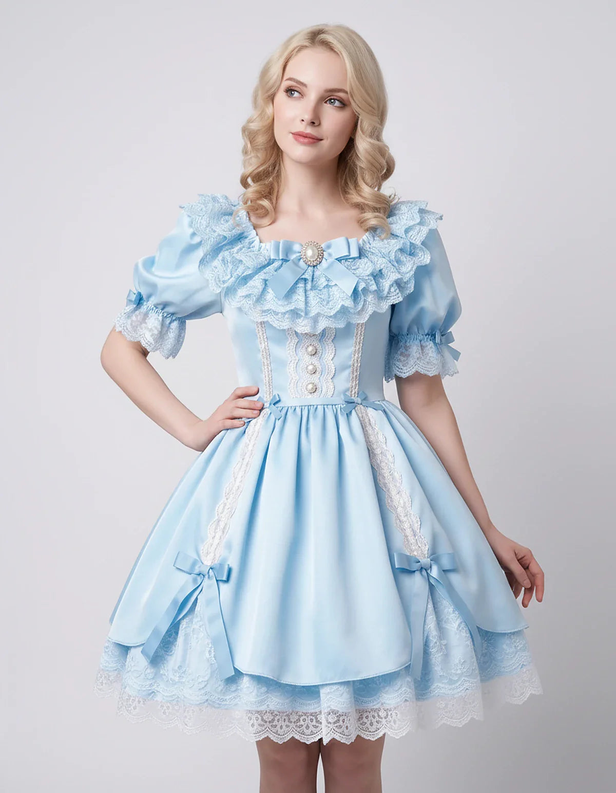 Satin Blend Puff Sleeve Square Neck A-Line Mini Dress for Party, Cocktail, Evening, Summer, Wedding Guest Events with Lace Tr | SKU: RMD-483920174615382-LIGHTBLUE-L,RMD-483920174615382-LIGHTBLUE-M,RMD-483920174615382-LIGHTBLUE-S,RMD-483920174615382-LIGHTBLUE-XL,RMD-483920174615382-LIGHTBLUE-XS
