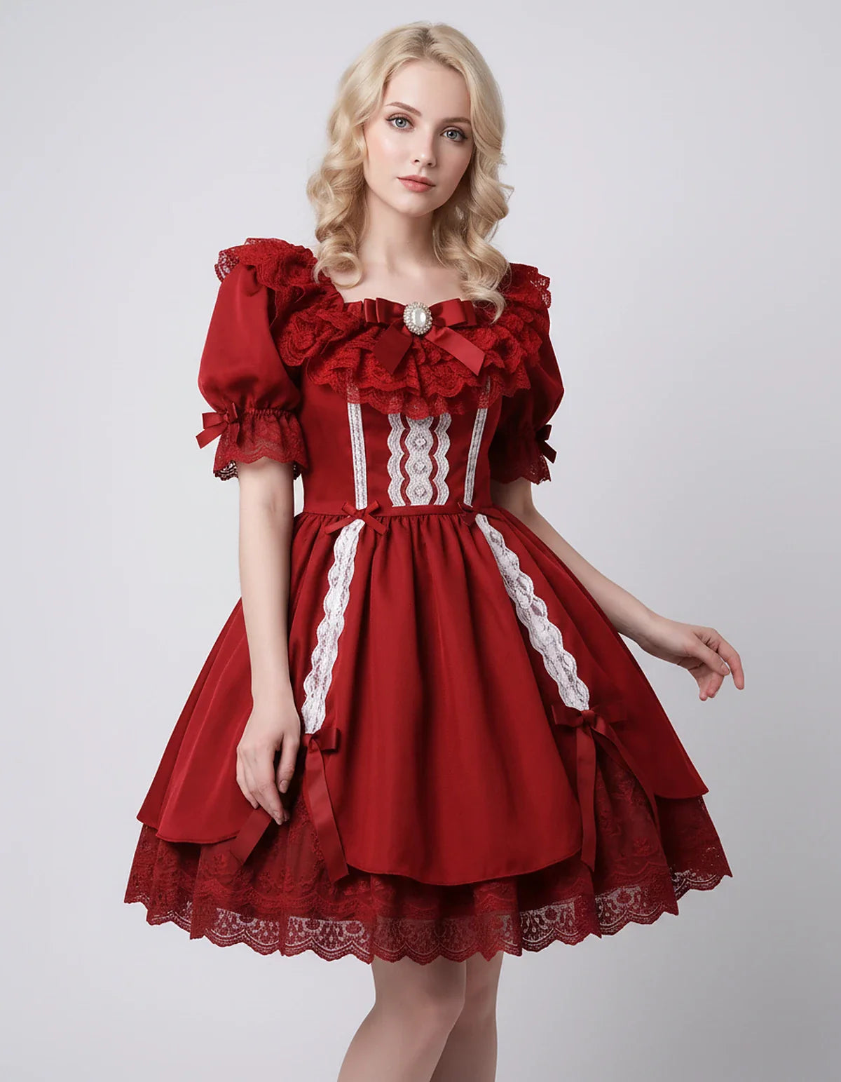 Satin Blend Puff Sleeve Square Neck A-Line Mini Dress for Party, Cocktail, Evening, Summer, Wedding Guest Events with Lace Tr | SKU: RMD-483920174615382-RED-L,RMD-483920174615382-RED-M,RMD-483920174615382-RED-S,RMD-483920174615382-RED-XL,RMD-483920174615382-RED-XS