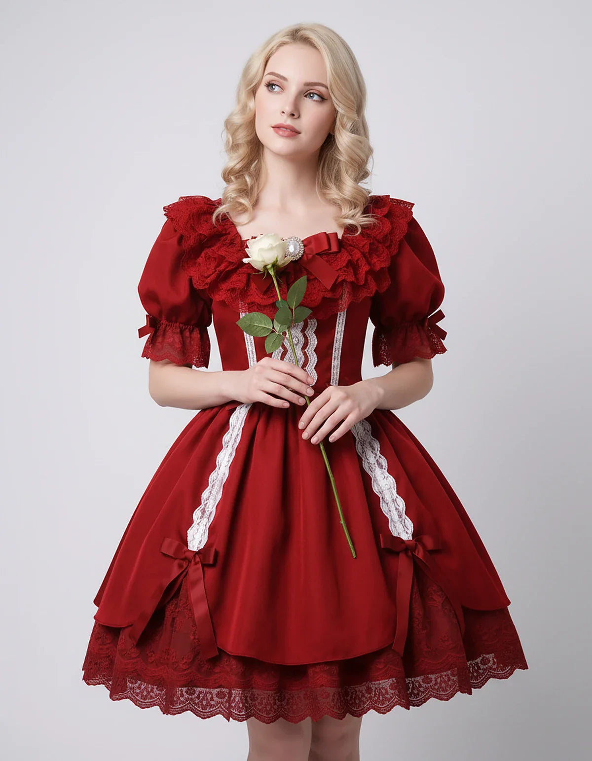 Satin Blend Puff Sleeve Square Neck A-Line Mini Dress for Party, Cocktail, Evening, Summer, Wedding Guest Events with Lace Tr | SKU: RMD-483920174615382-RED-L,RMD-483920174615382-RED-M,RMD-483920174615382-RED-S,RMD-483920174615382-RED-XL,RMD-483920174615382-RED-XS