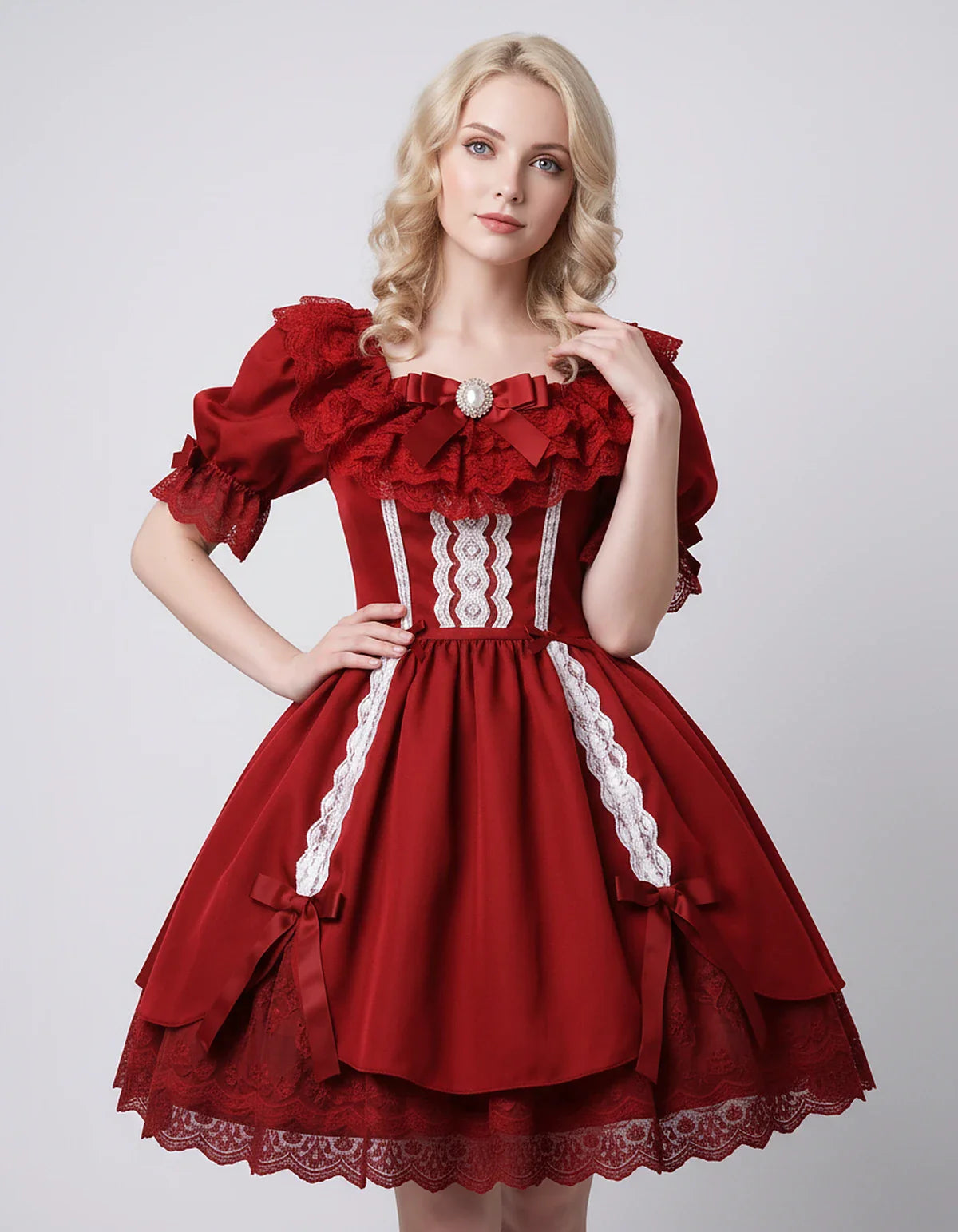 Satin Blend Puff Sleeve Square Neck A-Line Mini Dress for Party, Cocktail, Evening, Summer, Wedding Guest Events with Lace Tr | SKU: RMD-483920174615382-RED-L,RMD-483920174615382-RED-M,RMD-483920174615382-RED-S,RMD-483920174615382-RED-XL,RMD-483920174615382-RED-XS