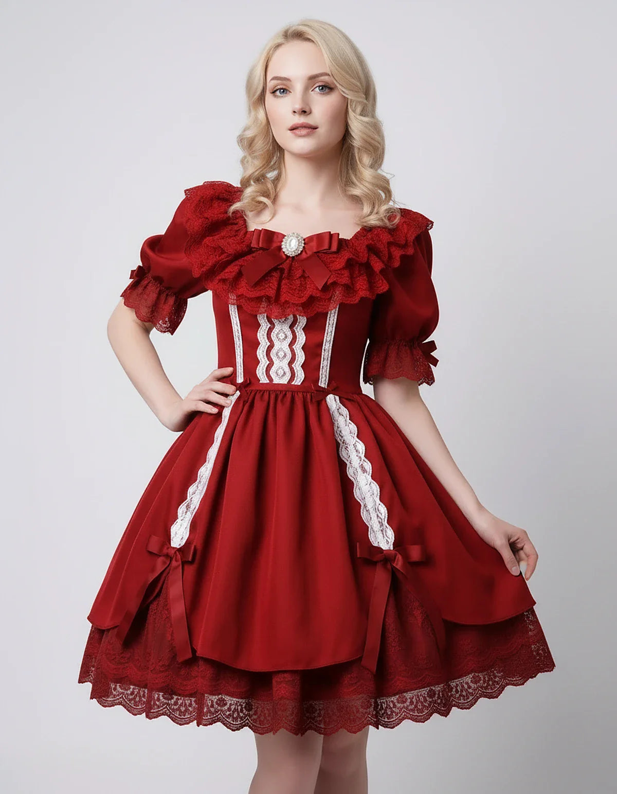 Satin Blend Puff Sleeve Square Neck A-Line Mini Dress for Party, Cocktail, Evening, Summer, Wedding Guest Events with Lace Tr | SKU: RMD-483920174615382-RED-L,RMD-483920174615382-RED-M,RMD-483920174615382-RED-S,RMD-483920174615382-RED-XL,RMD-483920174615382-RED-XS