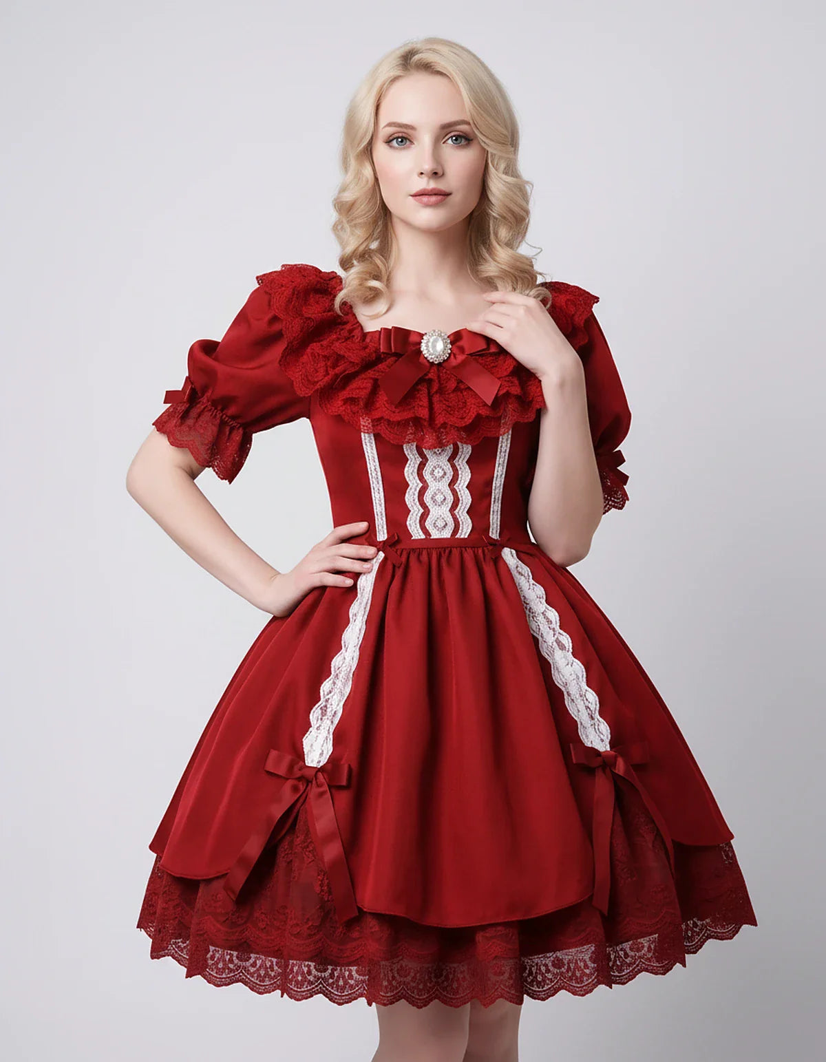 Satin Blend Puff Sleeve Square Neck A-Line Mini Dress for Party, Cocktail, Evening, Summer, Wedding Guest Events with Lace Tr | SKU: RMD-483920174615382-RED-L,RMD-483920174615382-RED-M,RMD-483920174615382-RED-S,RMD-483920174615382-RED-XL,RMD-483920174615382-RED-XS