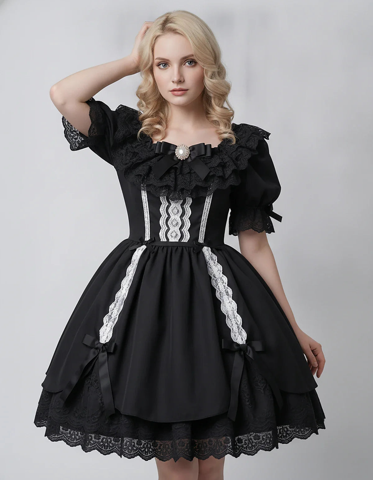 Satin Blend Puff Sleeve Square Neck A-Line Mini Dress for Party, Cocktail, Evening, Summer, Wedding Guest Events with Lace Tr | SKU: RMD-483920174615382-BLACK-L,RMD-483920174615382-BLACK-M,RMD-483920174615382-BLACK-S,RMD-483920174615382-BLACK-XL,RMD-483920174615382-BLACK-XS