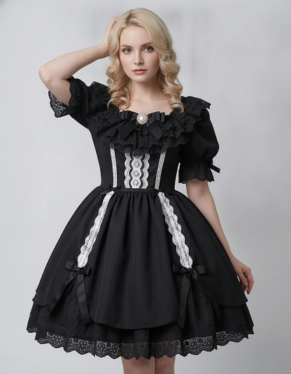 Satin Blend Puff Sleeve Square Neck A-Line Mini Dress for Party, Cocktail, Evening, Summer, Wedding Guest Events with Lace Tr | SKU: RMD-483920174615382-BLACK-L,RMD-483920174615382-BLACK-M,RMD-483920174615382-BLACK-S,RMD-483920174615382-BLACK-XL,RMD-483920174615382-BLACK-XS