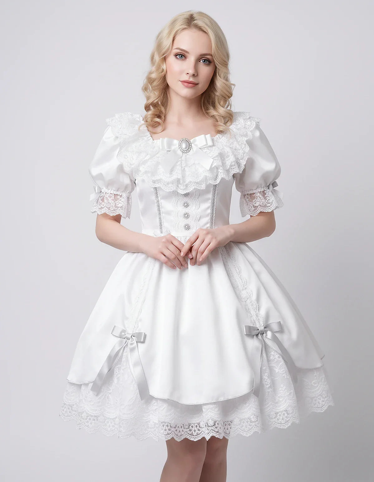 Satin Blend Puff Sleeve Square Neck A-Line Mini Dress for Party, Cocktail, Evening, Summer, Wedding Guest Events with Lace Tr | SKU: RMD-483920174615382-WHITE-L,RMD-483920174615382-WHITE-M,RMD-483920174615382-WHITE-S,RMD-483920174615382-WHITE-XL,RMD-483920174615382-WHITE-XS