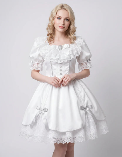 Satin Blend Puff Sleeve Square Neck A-Line Mini Dress for Party, Cocktail, Evening, Summer, Wedding Guest Events with Lace Tr | SKU: RMD-483920174615382-WHITE-L,RMD-483920174615382-WHITE-M,RMD-483920174615382-WHITE-S,RMD-483920174615382-WHITE-XL,RMD-483920174615382-WHITE-XS