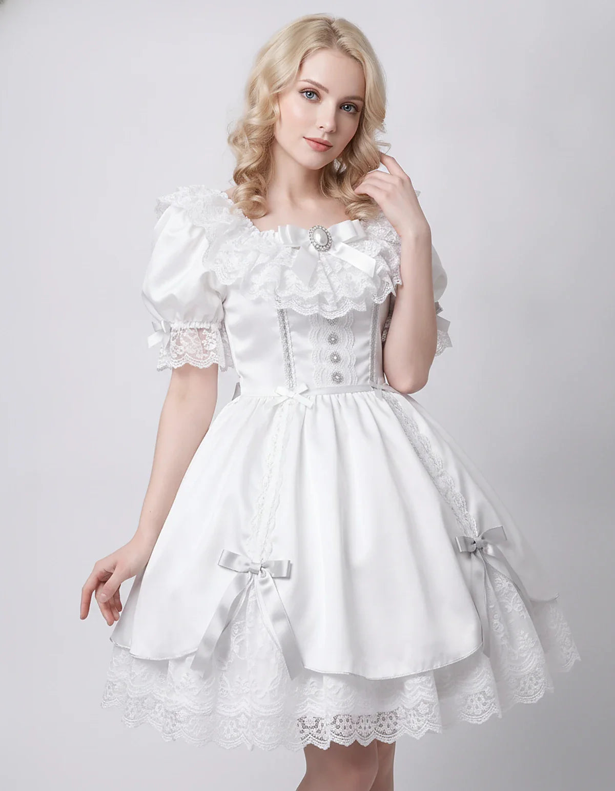 Satin Blend Puff Sleeve Square Neck A-Line Mini Dress for Party, Cocktail, Evening, Summer, Wedding Guest Events with Lace Tr | SKU: RMD-483920174615382-WHITE-L,RMD-483920174615382-WHITE-M,RMD-483920174615382-WHITE-S,RMD-483920174615382-WHITE-XL,RMD-483920174615382-WHITE-XS