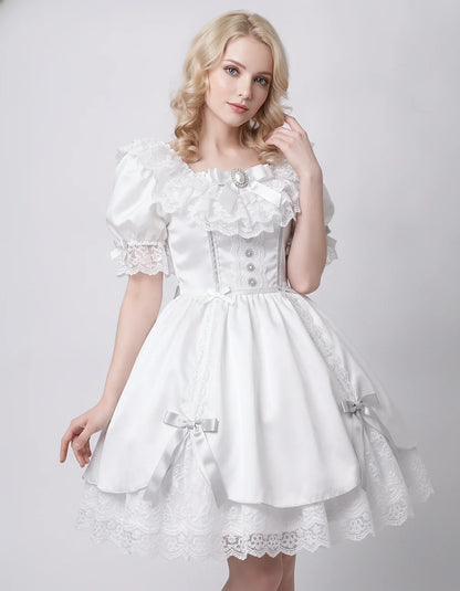 Satin Blend Puff Sleeve Square Neck A-Line Mini Dress for Party, Cocktail, Evening, Summer, Wedding Guest Events with Lace Tr | SKU: RMD-483920174615382-WHITE-L,RMD-483920174615382-WHITE-M,RMD-483920174615382-WHITE-S,RMD-483920174615382-WHITE-XL,RMD-483920174615382-WHITE-XS