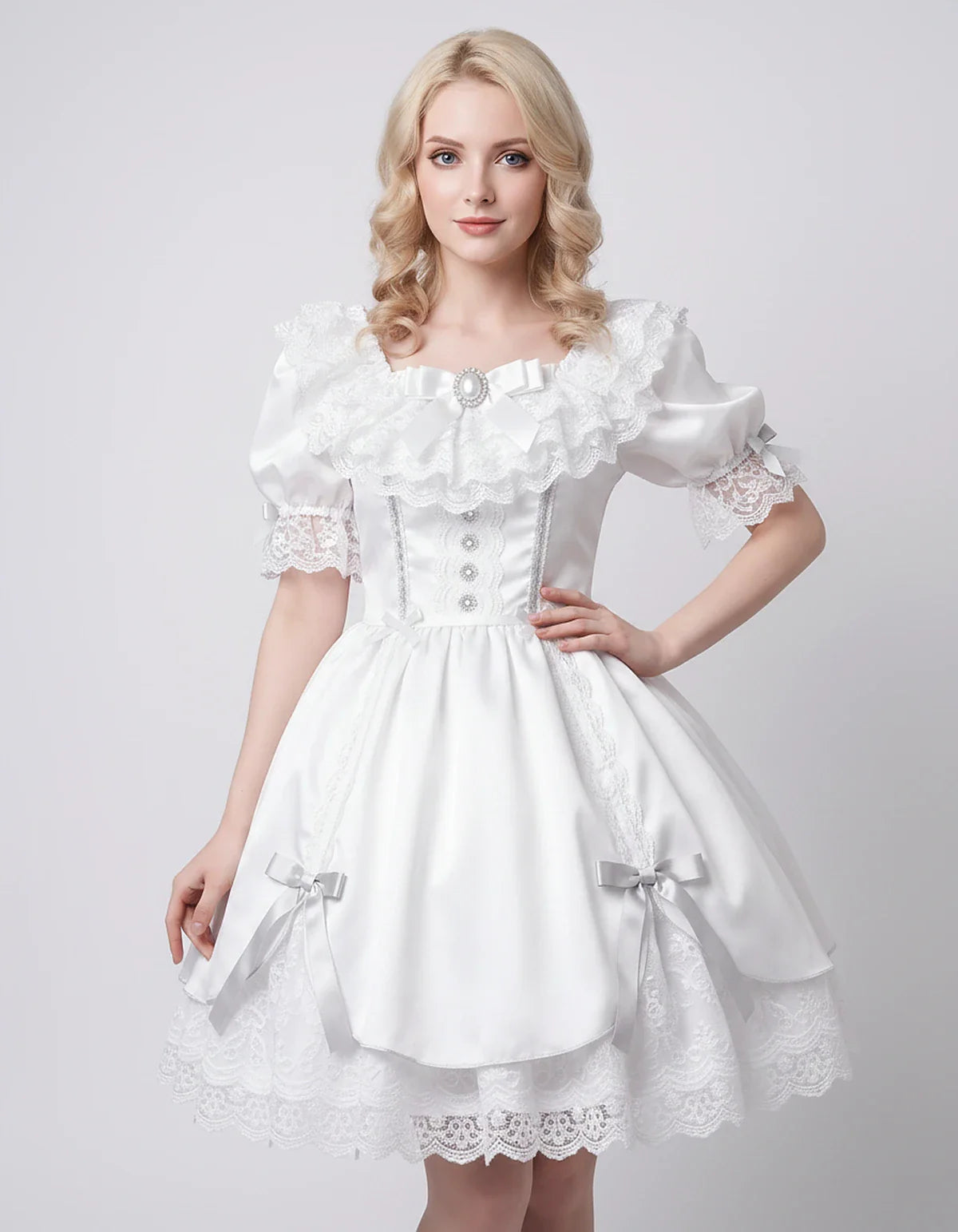 Satin Blend Puff Sleeve Square Neck A-Line Mini Dress for Party, Cocktail, Evening, Summer, Wedding Guest Events with Lace Tr | SKU: RMD-483920174615382-WHITE-L,RMD-483920174615382-WHITE-M,RMD-483920174615382-WHITE-S,RMD-483920174615382-WHITE-XL,RMD-483920174615382-WHITE-XS