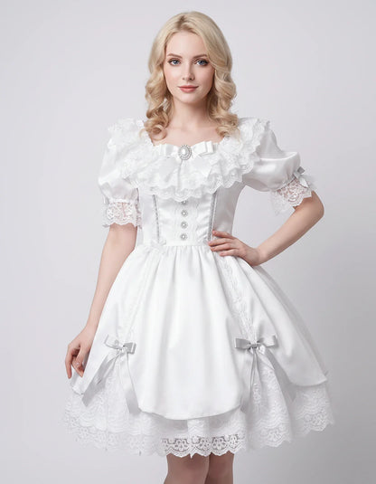 Satin Blend Puff Sleeve Square Neck A-Line Mini Dress for Party, Cocktail, Evening, Summer, Wedding Guest Events with Lace Tr | SKU: RMD-483920174615382-WHITE-L,RMD-483920174615382-WHITE-M,RMD-483920174615382-WHITE-S,RMD-483920174615382-WHITE-XL,RMD-483920174615382-WHITE-XS