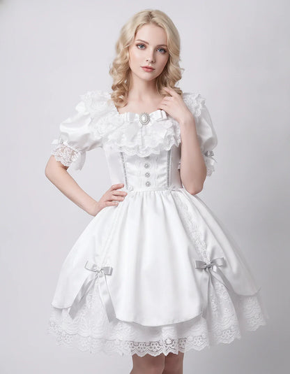 Satin Blend Puff Sleeve Square Neck A-Line Mini Dress for Party, Cocktail, Evening, Summer, Wedding Guest Events with Lace Tr | SKU: RMD-483920174615382-WHITE-L,RMD-483920174615382-WHITE-M,RMD-483920174615382-WHITE-S,RMD-483920174615382-WHITE-XL,RMD-483920174615382-WHITE-XS