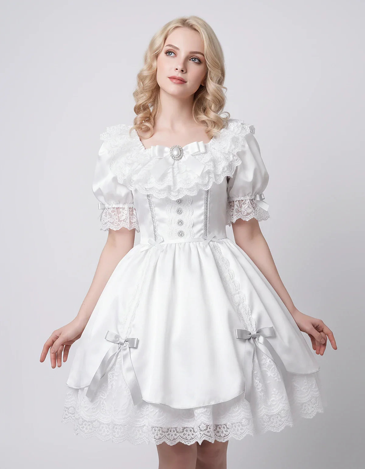 Satin Blend Puff Sleeve Square Neck A-Line Mini Dress for Party, Cocktail, Evening, Summer, Wedding Guest Events with Lace Tr | SKU: RMD-483920174615382-WHITE-L,RMD-483920174615382-WHITE-M,RMD-483920174615382-WHITE-S,RMD-483920174615382-WHITE-XL,RMD-483920174615382-WHITE-XS