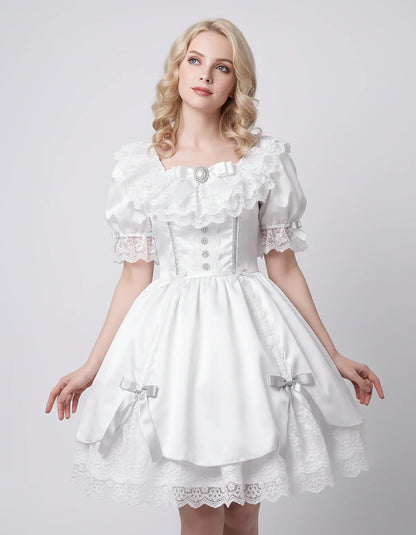 Satin Blend Puff Sleeve Square Neck A-Line Mini Dress for Party, Cocktail, Evening, Summer, Wedding Guest Events with Lace Tr | SKU: RMD-483920174615382-WHITE-L,RMD-483920174615382-WHITE-M,RMD-483920174615382-WHITE-S,RMD-483920174615382-WHITE-XL,RMD-483920174615382-WHITE-XS