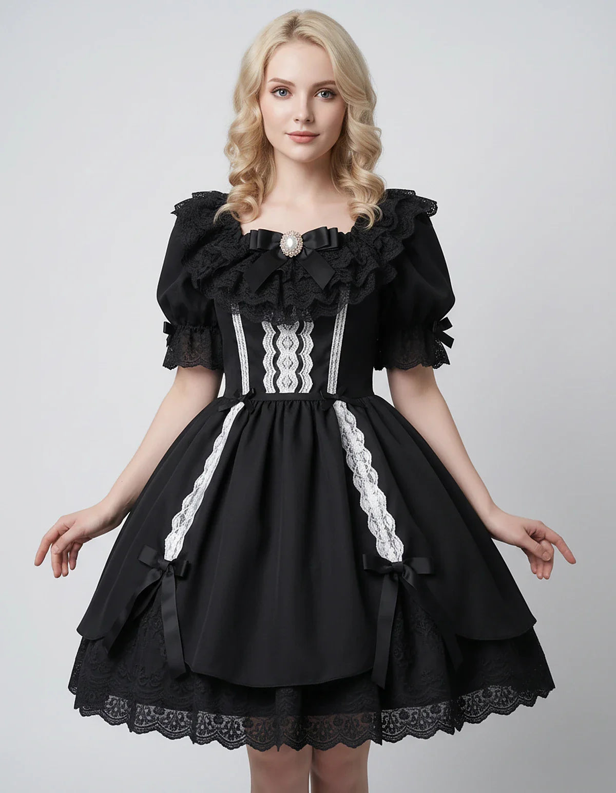 Satin Blend Puff Sleeve Square Neck A-Line Mini Dress for Party, Cocktail, Evening, Summer, Wedding Guest Events with Lace Tr | SKU: RMD-483920174615382-BLACK-L,RMD-483920174615382-BLACK-M,RMD-483920174615382-BLACK-S,RMD-483920174615382-BLACK-XL,RMD-483920174615382-BLACK-XS