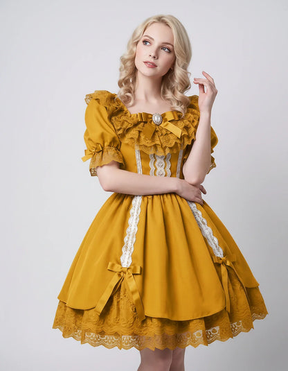 Satin Blend Puff Sleeve Square Neck A-Line Mini Dress for Party, Cocktail, Evening, Summer, Wedding Guest Events with Lace Tr | SKU: RMD-483920174615382-YELLOW-L,RMD-483920174615382-YELLOW-M,RMD-483920174615382-YELLOW-S,RMD-483920174615382-YELLOW-XL,RMD-483920174615382-YELLOW-XS