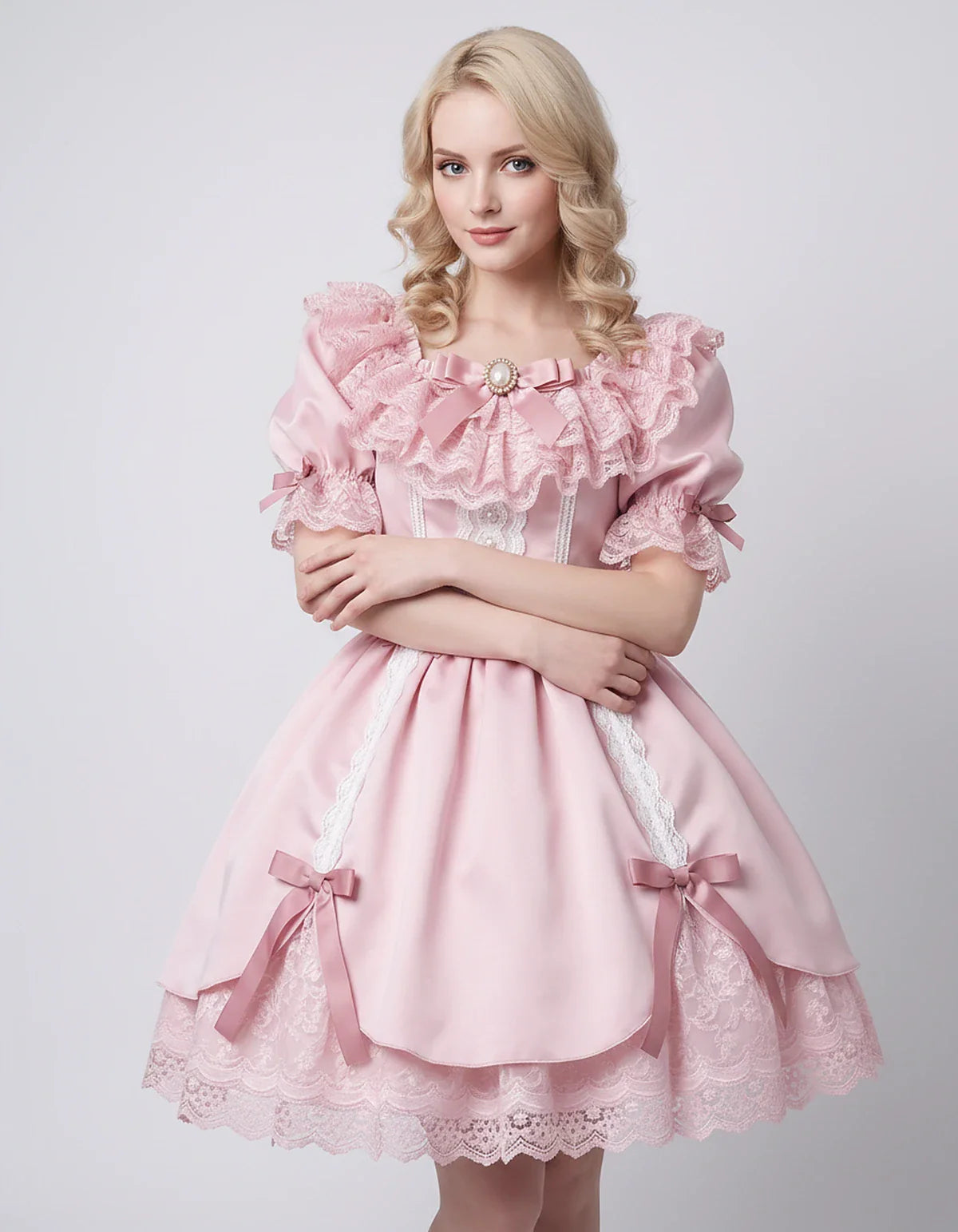 Satin Blend Puff Sleeve Square Neck A-Line Mini Dress for Party, Cocktail, Evening, Summer, Wedding Guest Events with Lace Tr | SKU: RMD-483920174615382-BLUSH-L,RMD-483920174615382-BLUSH-M,RMD-483920174615382-BLUSH-S,RMD-483920174615382-BLUSH-XL,RMD-483920174615382-BLUSH-XS