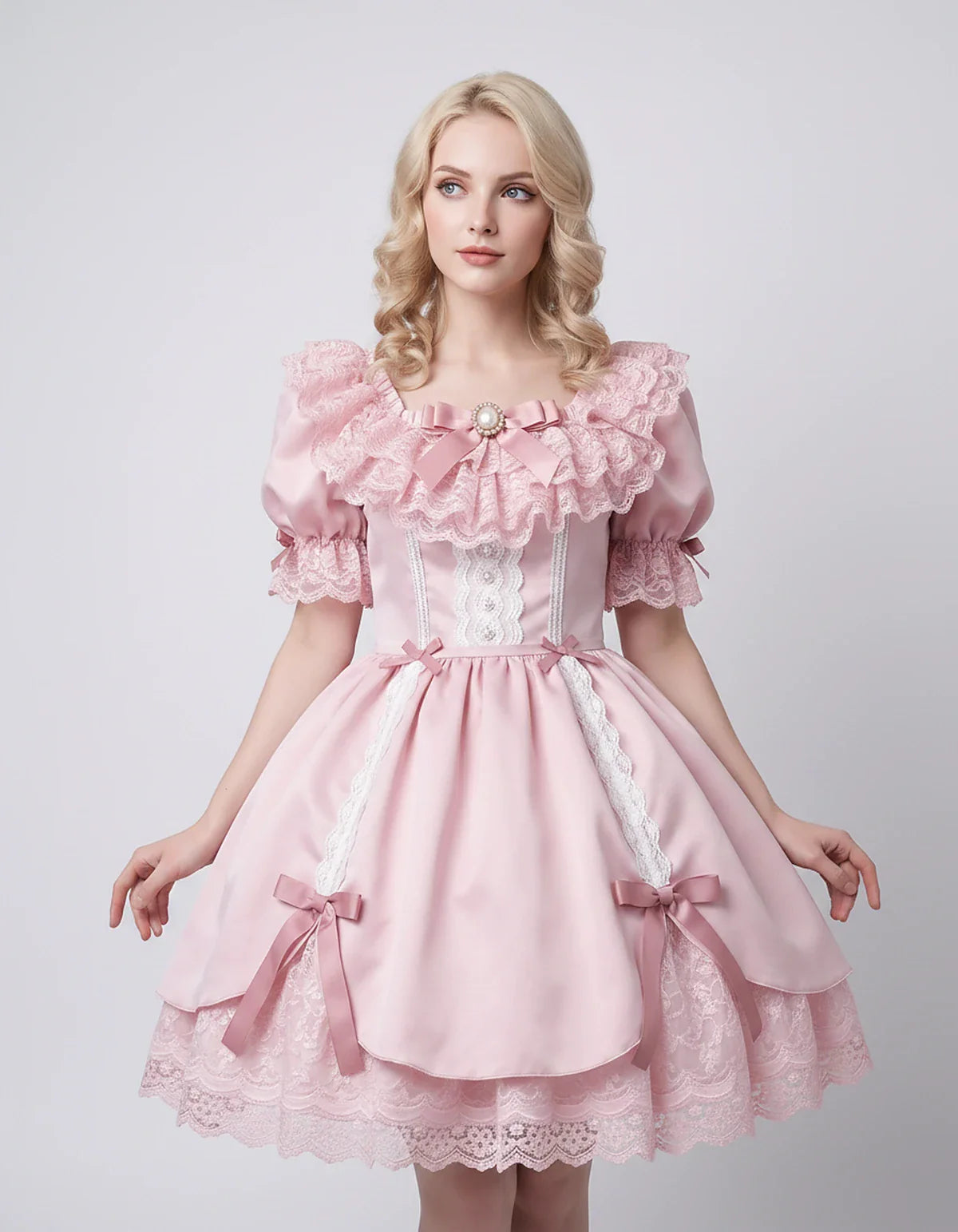 Satin Blend Puff Sleeve Square Neck A-Line Mini Dress for Party, Cocktail, Evening, Summer, Wedding Guest Events with Lace Tr | SKU: RMD-483920174615382-BLUSH-L,RMD-483920174615382-BLUSH-M,RMD-483920174615382-BLUSH-S,RMD-483920174615382-BLUSH-XL,RMD-483920174615382-BLUSH-XS