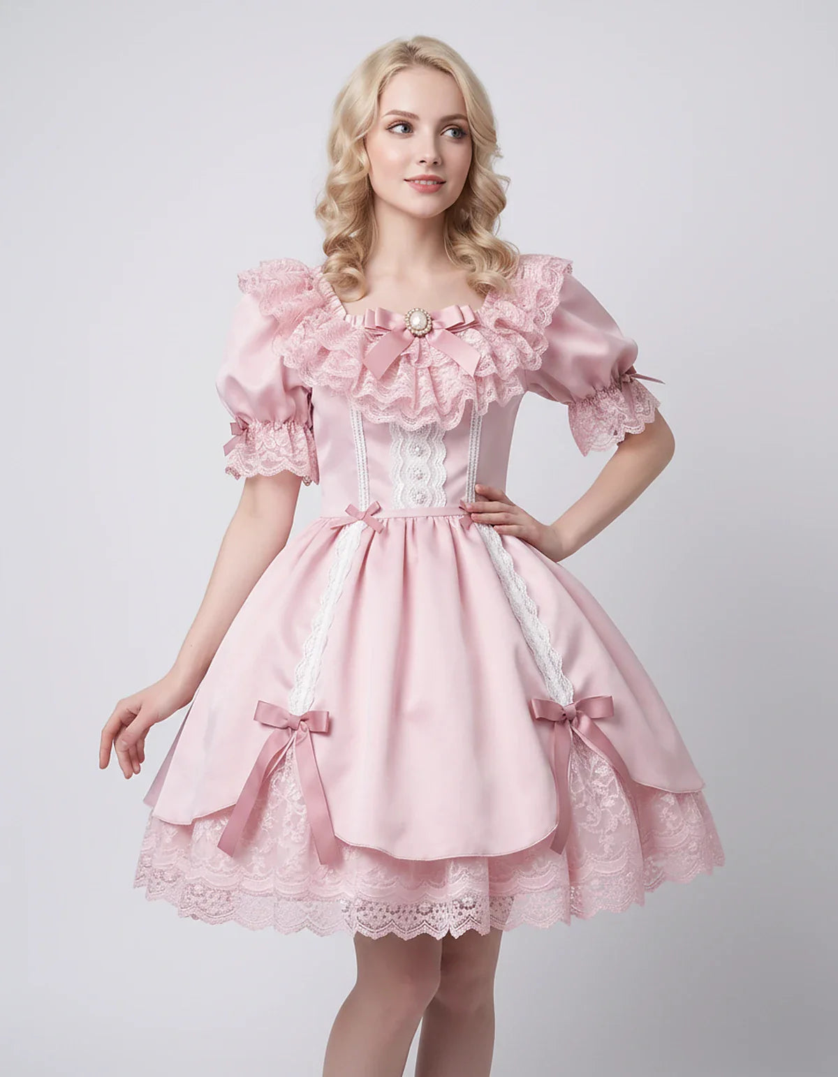 Satin Blend Puff Sleeve Square Neck A-Line Mini Dress for Party, Cocktail, Evening, Summer, Wedding Guest Events with Lace Tr | SKU: RMD-483920174615382-BLUSH-L,RMD-483920174615382-BLUSH-M,RMD-483920174615382-BLUSH-S,RMD-483920174615382-BLUSH-XL,RMD-483920174615382-BLUSH-XS