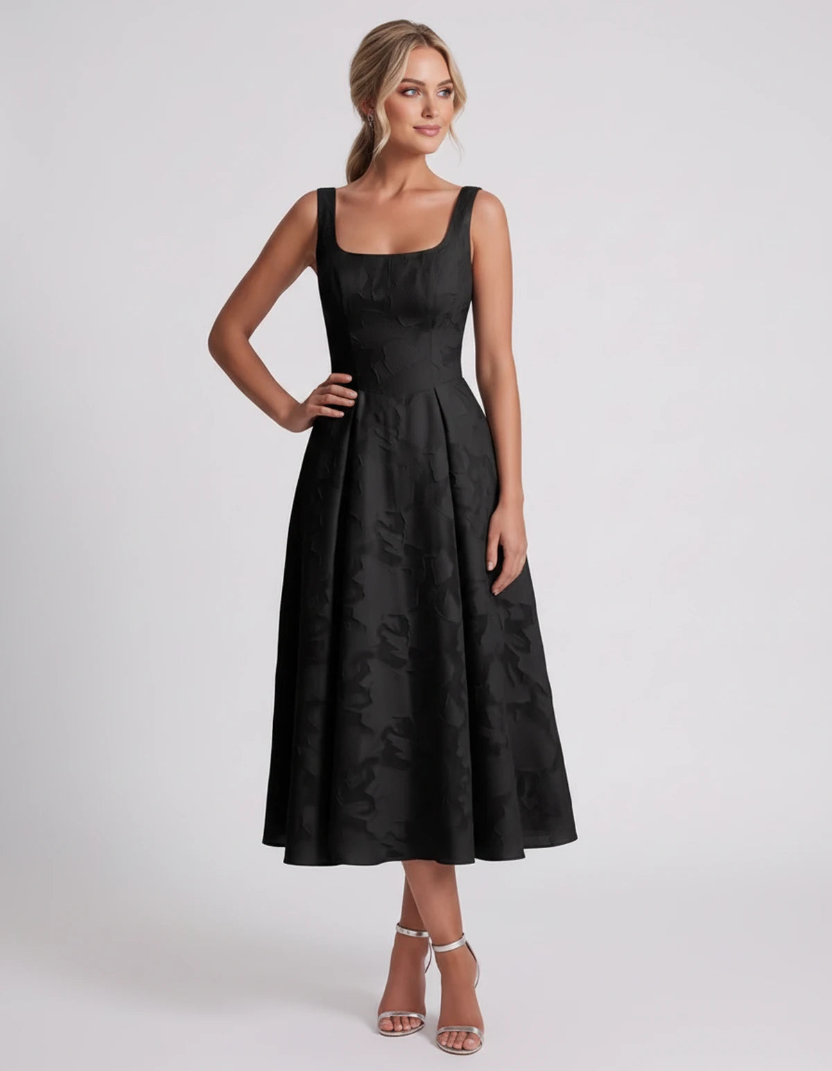 Rosalind Midi Dresses — Black | SKU: RB-90b0a6-black-2,RB-90b0a6-black-4,RB-90b0a6-black-6,RB-90b0a6-black-8,RB-90b0a6-black-10,RB-90b0a6-black-12,RB-90b0a6-black-14,RB-90b0a6-black-16,RB-90b0a6-black-16W,RB-90b0a6-black-18W,RB-90b0a6-black-20W,RB-90b0a6-black-22W