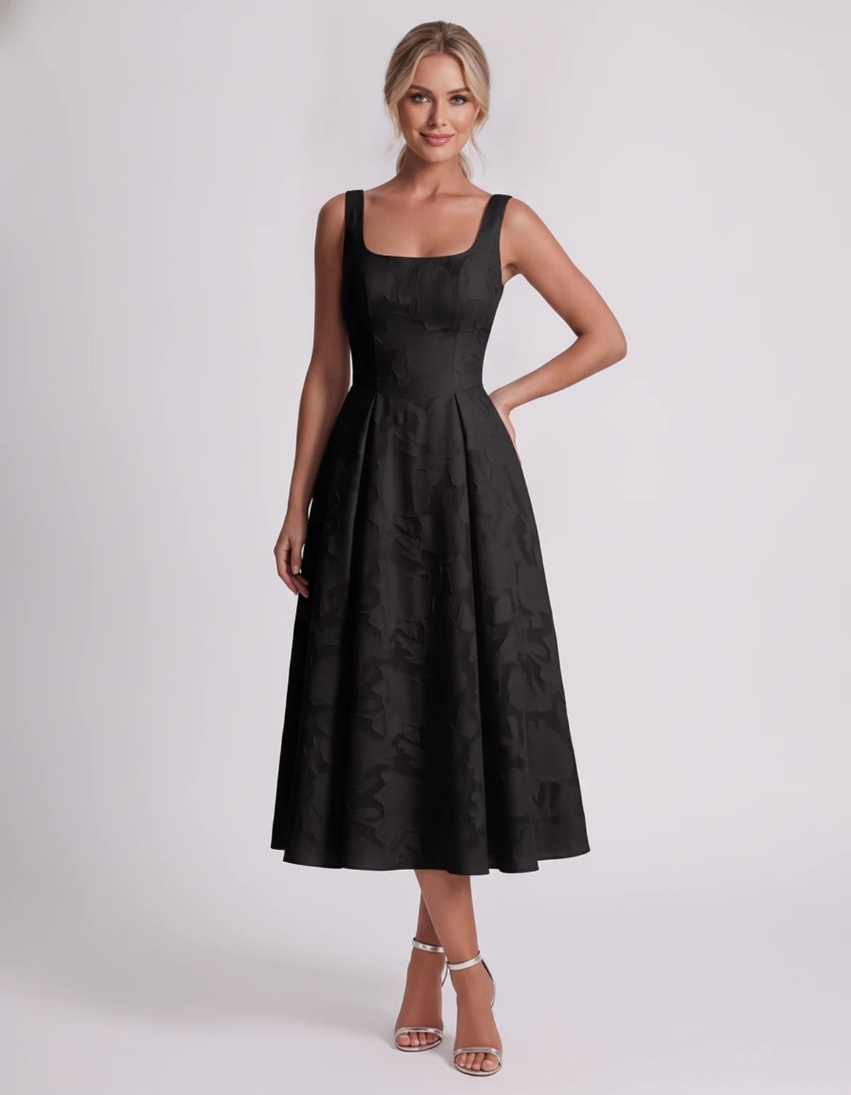 Rosalind Midi Dresses — Black | SKU: RB-90b0a6-black-2,RB-90b0a6-black-4,RB-90b0a6-black-6,RB-90b0a6-black-8,RB-90b0a6-black-10,RB-90b0a6-black-12,RB-90b0a6-black-14,RB-90b0a6-black-16,RB-90b0a6-black-16W,RB-90b0a6-black-18W,RB-90b0a6-black-20W,RB-90b0a6-black-22W