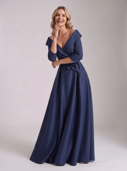 Roselle Maxi Dress100% Polyester Satin Three-Quarter Sleeve Off-the-Shoulder A-Line Maxi Dress for Party, Cocktail, Evening, | SKU: RM-483920174651082-NAVY-L,RM-483920174651082-NAVY-M,RM-483920174651082-NAVY-S,RM-483920174651082-NAVY-XL,RM-483920174651082-NAVY-XS