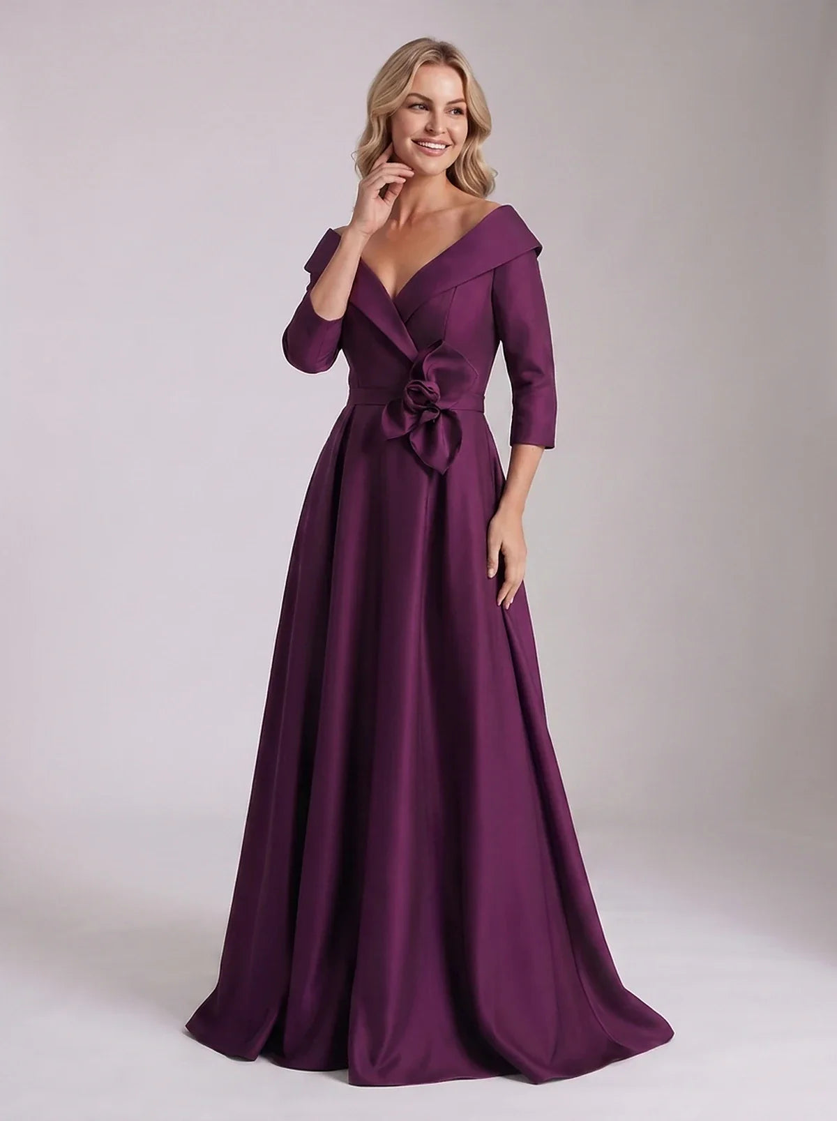 Roselle Maxi Dress100% Polyester Satin Three-Quarter Sleeve Off-the-Shoulder A-Line Maxi Dress for Party, Cocktail, Evening, | SKU: RM-483920174651082-PURPLE-L,RM-483920174651082-PURPLE-M,RM-483920174651082-PURPLE-S,RM-483920174651082-PURPLE-XL,RM-483920174651082-PURPLE-XS