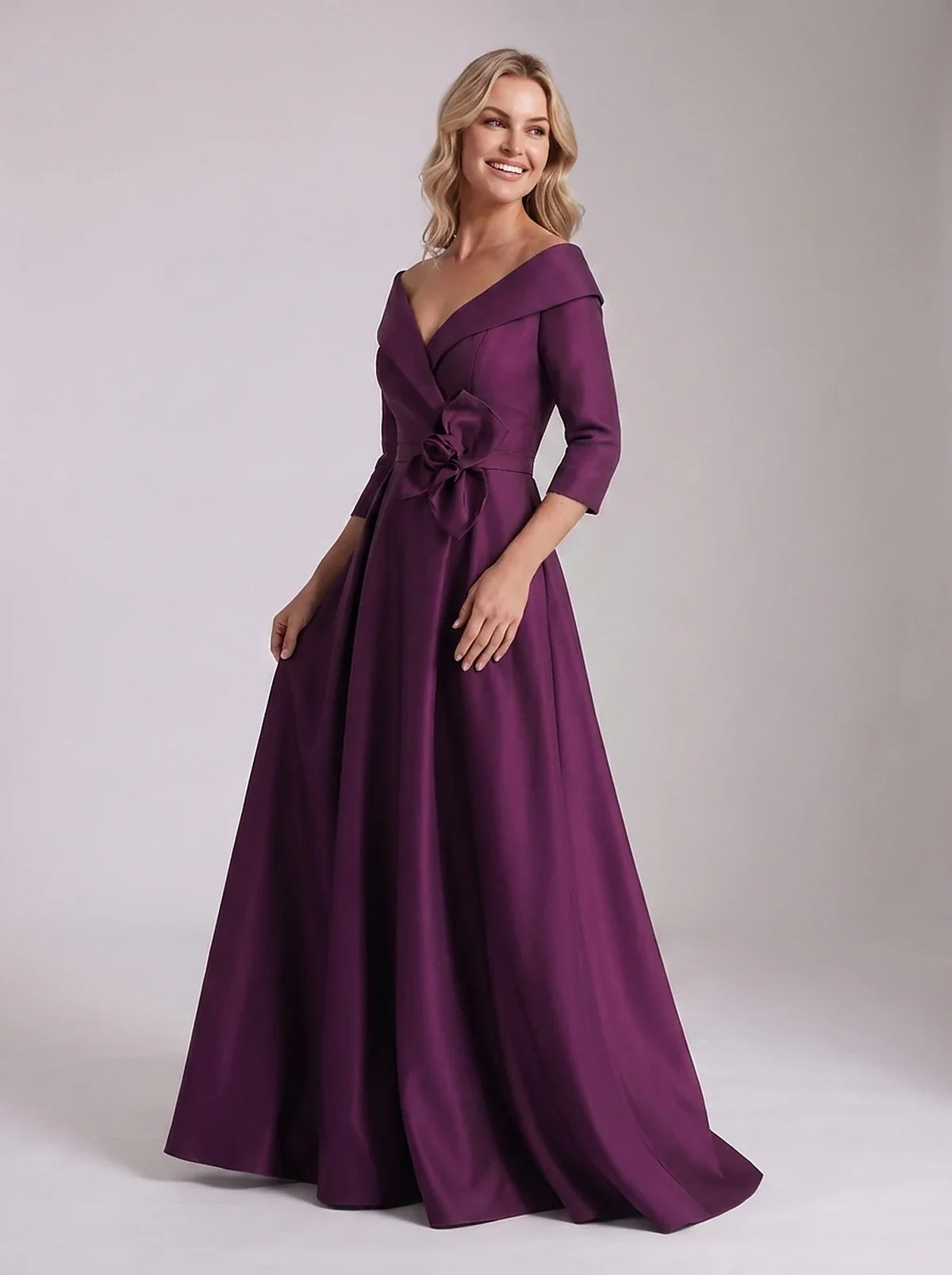 Roselle Maxi Dress100% Polyester Satin Three-Quarter Sleeve Off-the-Shoulder A-Line Maxi Dress for Party, Cocktail, Evening, | SKU: RM-483920174651082-PURPLE-L,RM-483920174651082-PURPLE-M,RM-483920174651082-PURPLE-S,RM-483920174651082-PURPLE-XL,RM-483920174651082-PURPLE-XS