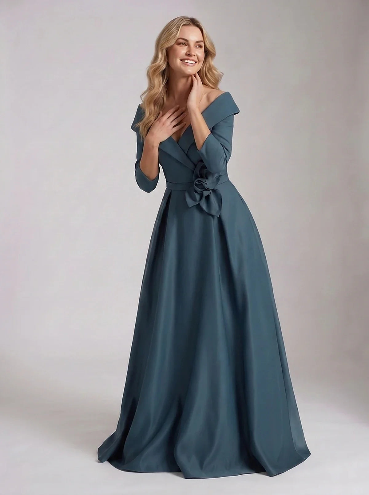 Roselle Maxi Dress100% Polyester Satin Three-Quarter Sleeve Off-the-Shoulder A-Line Maxi Dress for Party, Cocktail, Evening, | SKU: RM-483920174651082-PEACOCK-L,RM-483920174651082-PEACOCK-M,RM-483920174651082-PEACOCK-S,RM-483920174651082-PEACOCK-XL,RM-483920174651082-PEACOCK-XS