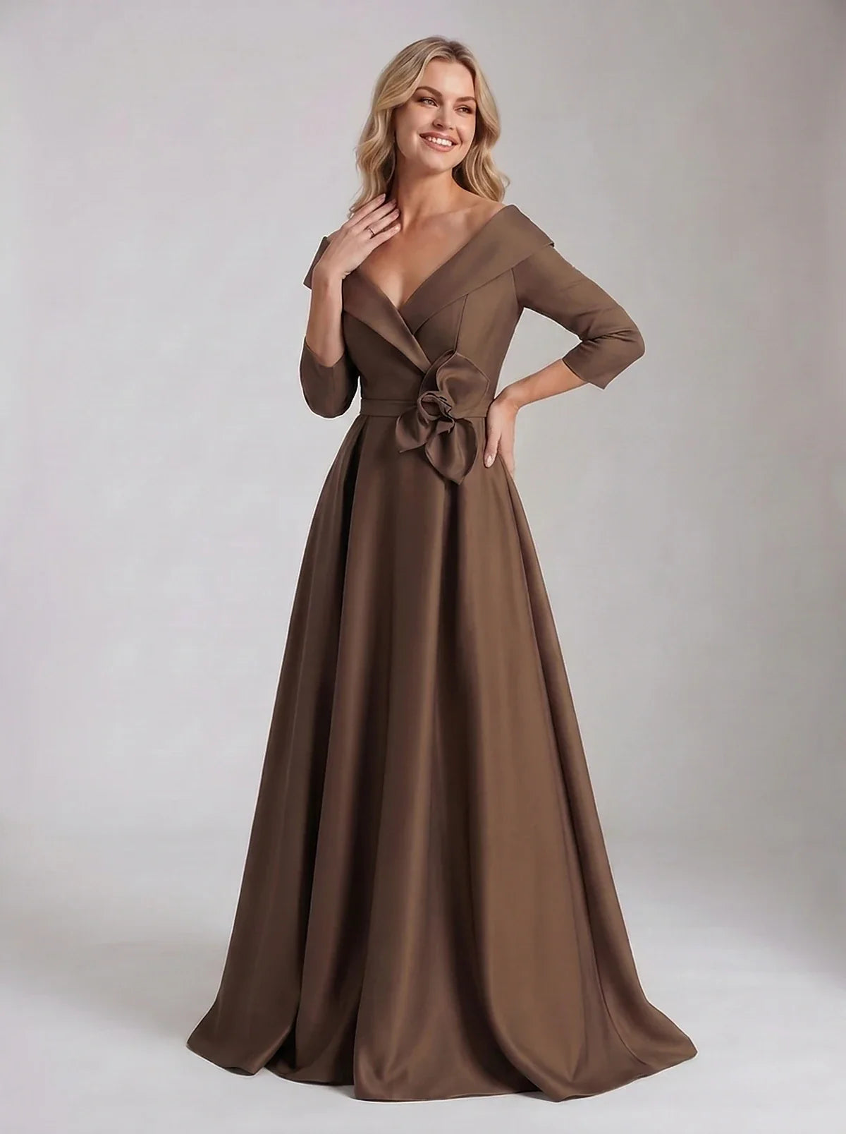Roselle Maxi Dress100% Polyester Satin Three-Quarter Sleeve Off-the-Shoulder A-Line Maxi Dress for Party, Cocktail, Evening, | SKU: RM-483920174651082-BROWN-L,RM-483920174651082-BROWN-M,RM-483920174651082-BROWN-S,RM-483920174651082-BROWN-XL,RM-483920174651082-BROWN-XS